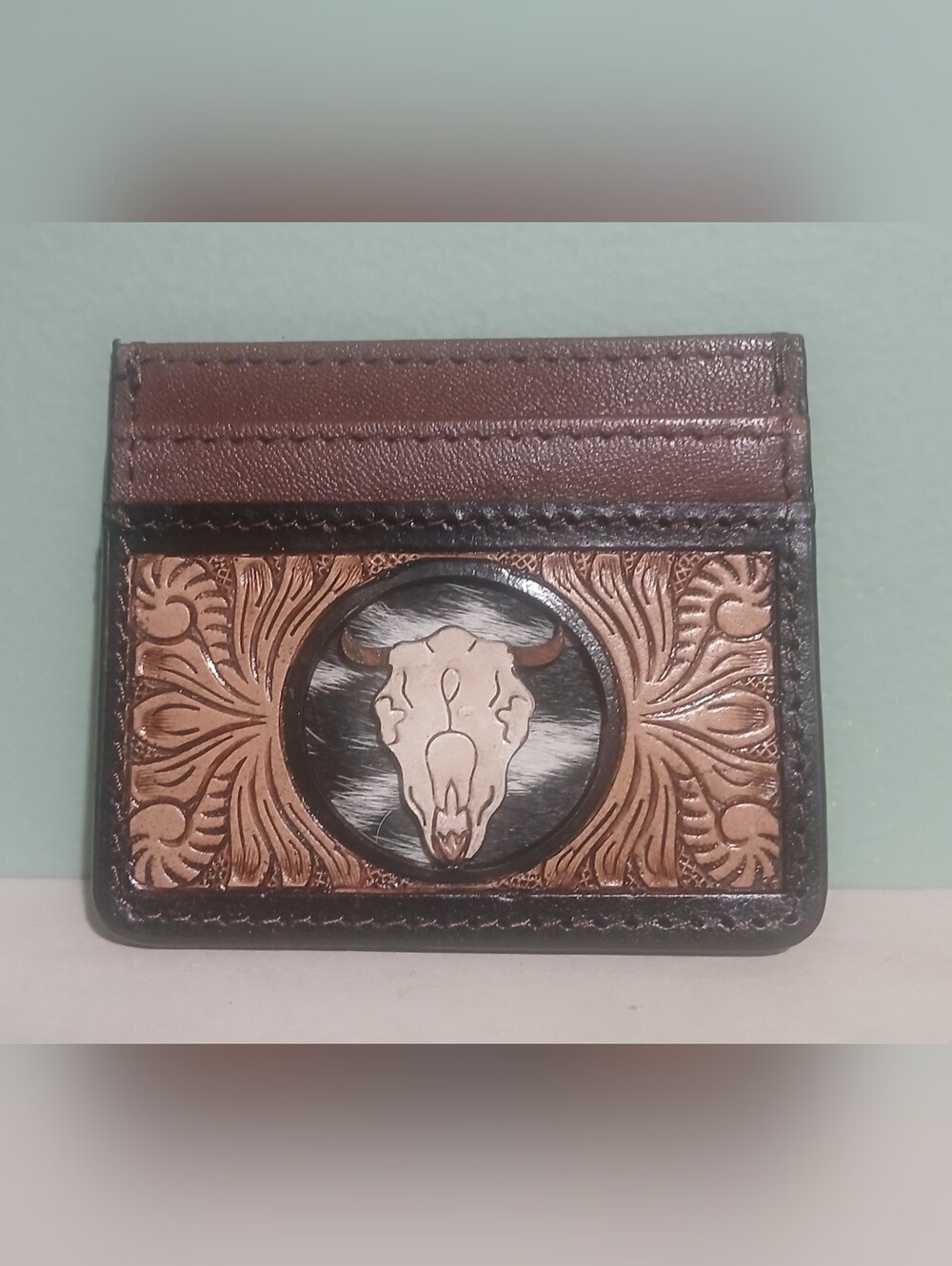 Hand-Tooled Brown Leather Card Wallet